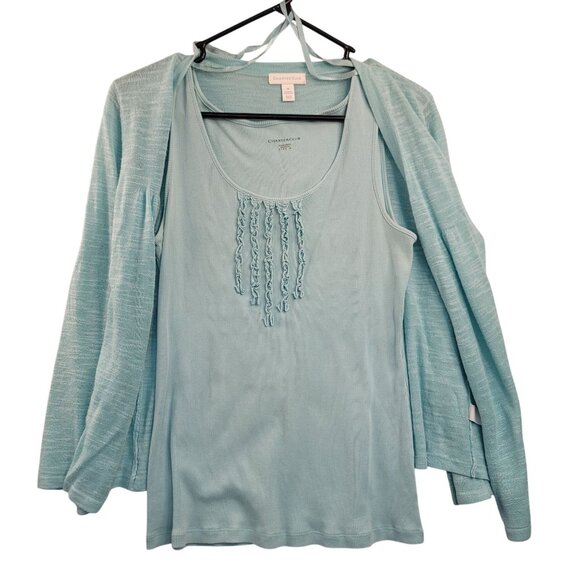 Charter Club Womens Aqua Blue Cardigan & Tank Set Medium Ramie/Rayon - Picture 1 of 6